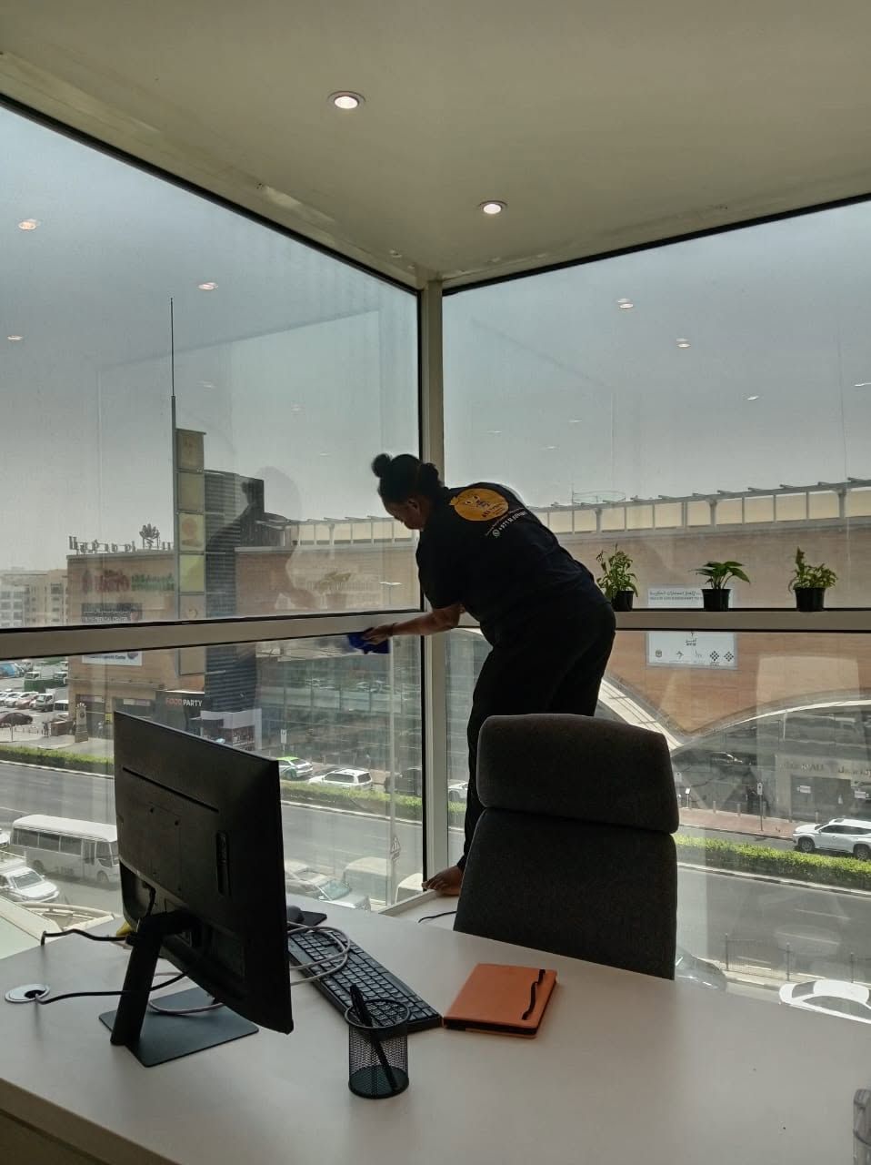 Bee Thrive cleaner detailing tall office glass in Dubai